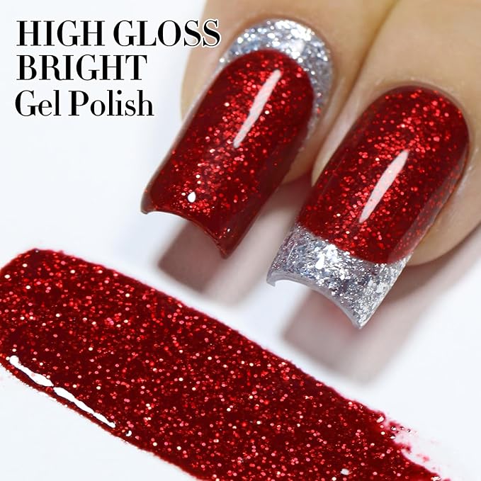 Double Rhythm 15ML Glitter Gel Polish Shimmer Reflective Holographic Color Magnetic for Nail Art Salon DIY at Home (Cherry Red-B1051)