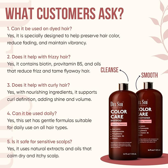 DEL SUR Color Safe Shampoo and Conditioner Set | 16 fl oz Each | with Camellia Japonica, Quercetin & Biotin | Color Protecting, Hydrating & Anti Frizz Care for Color Treated Hair