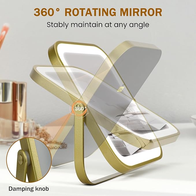 Vanity Mirror with Lights, 10"×8" Makeup Mirror with lights Built-in 1500mAH Battery, HD Mirror, Smart Touch with 3-Color Lighting, Dimmable, Desk Mirror, Women Gift, Travel Essentials (Gold)