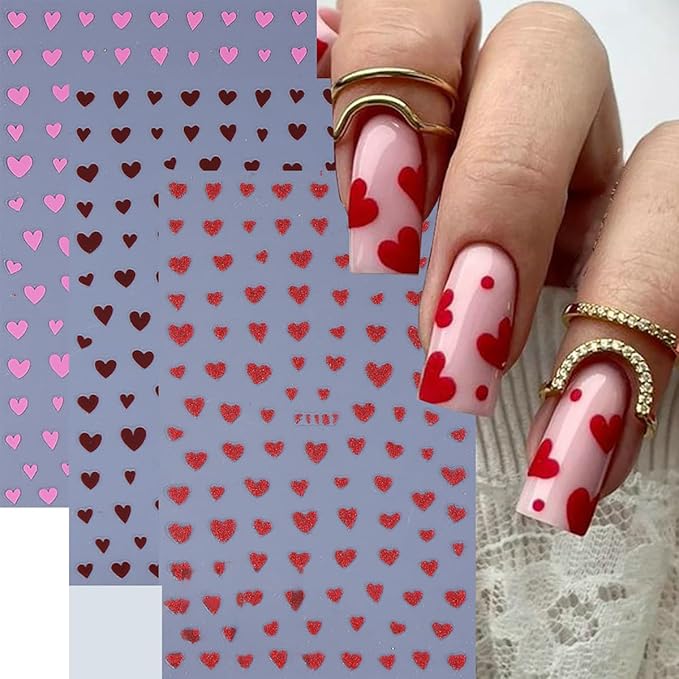 6 Pcs Heart Nail Art Stickers for Nails 3D Self-Adhesive Pink and Red Heart Nail Decals Nail Supplies Valentine Holiday Women DIY Manicure Tips Decoration for Party Salon Nails Salon