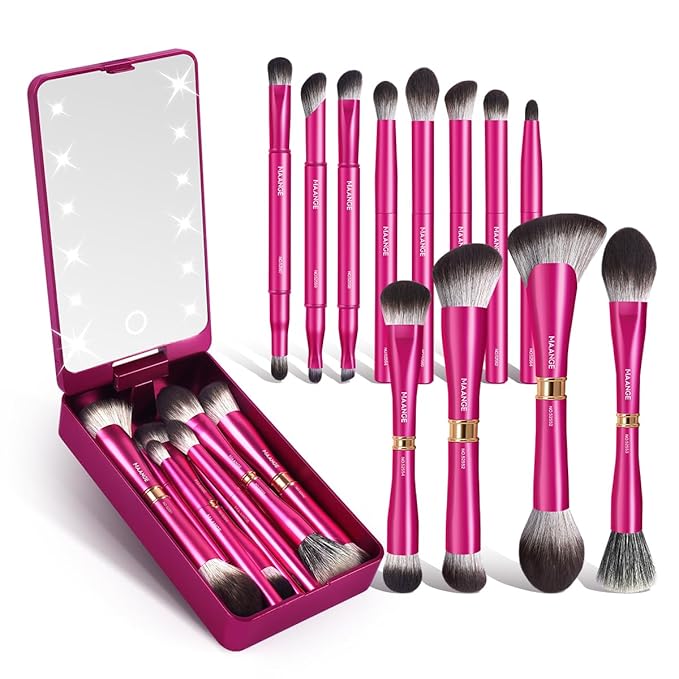 MAANGE Makeup Brushes 12 Pcs Double-ended Kabuki Brush Travel Makeup Brushes for Foundation Powder Concealers Eye Shadows Makeup Tools Set with LED light Mirror (Pink)