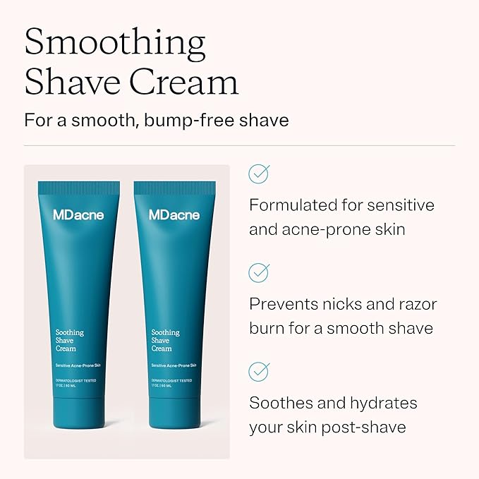 MDacne Shaving Cream for Acne-Prone Skin, 2 Pack, Soothing, Oil-Free, Eliminates Razor Burn, Cuts & Infections - Reduce Skin Irritation & Prevent Shave Bumps - Vegan, Paraben-Free & Cruelty-Free