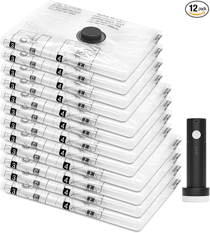 12 Pack Travel Vacuum Storage Bags with Portable Electric Pump, Compression Packing Seal Space Saver Cubes for Clothing Clothes Suitcase Luggage Organizer