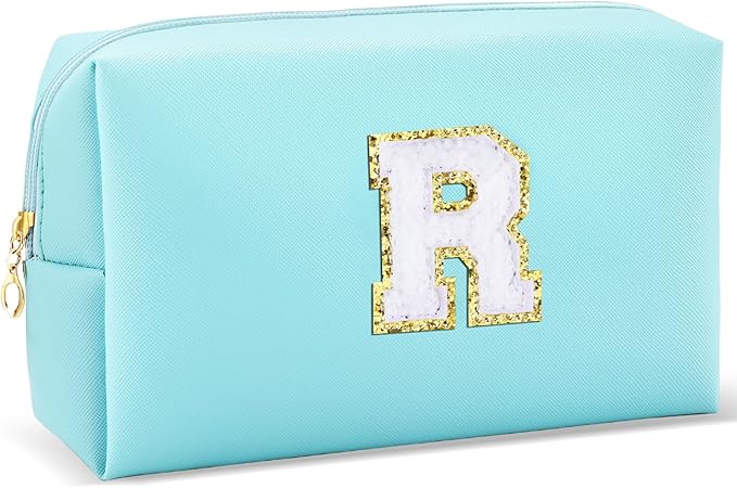 URSKYTOUS Gifts for Girls Initial Makeup Bag Personalized Cosmetic Bag with Zipper Cute Travel Toiletry Bag Waterproof PU Preppy Makeup Pouch Birthday Gift for Teen Girls Women(Blue R)