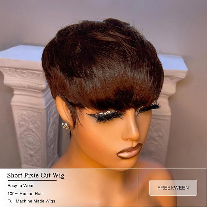 Pixie Cut Wig For Black Women Brazilian Virgin Human Hair Short Blonde Hair Straight Layered Full Machine Made Non Lace Front Glueless Wig 4#