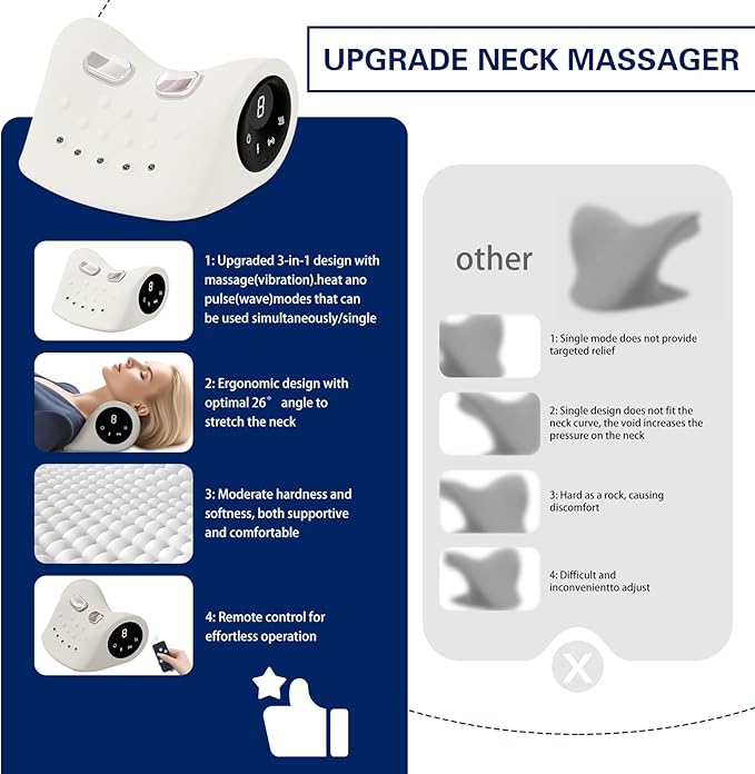 Neck Massager with Vibration Function, 3 Modes Neck and Shoulder Relaxer Pillow with Heat 26°Angle Cervical Traction Device, Massager with Heat for Pain Relief Deep Tissue