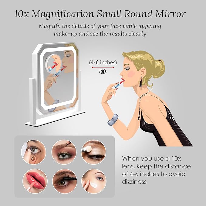 Lighted Makeup Mirror, 12"x10" Hollywood Vanity Mirror with Lights, Brightness Adjustable, Makeup Mirror with Lights,3 Colors, Smart Touch Control, Detachable 10X Magnification for Home/Gift