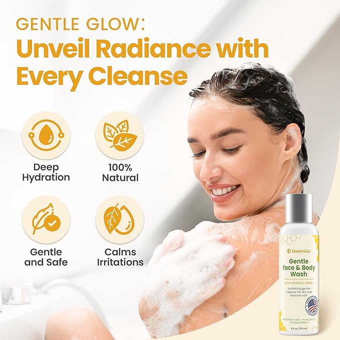 Honeyskin Face and Body Wash Moisturizer for Acne and Sensitive Skin Body Wash with Manuka Honey - Hydrating Facial Cleanser for Dry and Sensitive Skin and Anti-Aging Skincare for Men and Women (4oz)