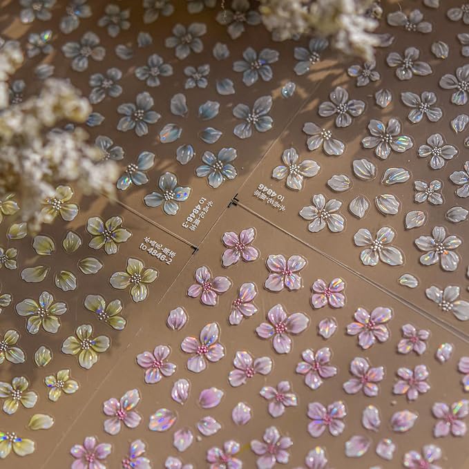 4sheet Flower Nail Stickers for Spring Nail Art 5D Embossed Nail Art Stickers Decals Pink Flower Self-Adhesive Acrylic Nail Supplies Summer Floral for Women Manicure Decorations