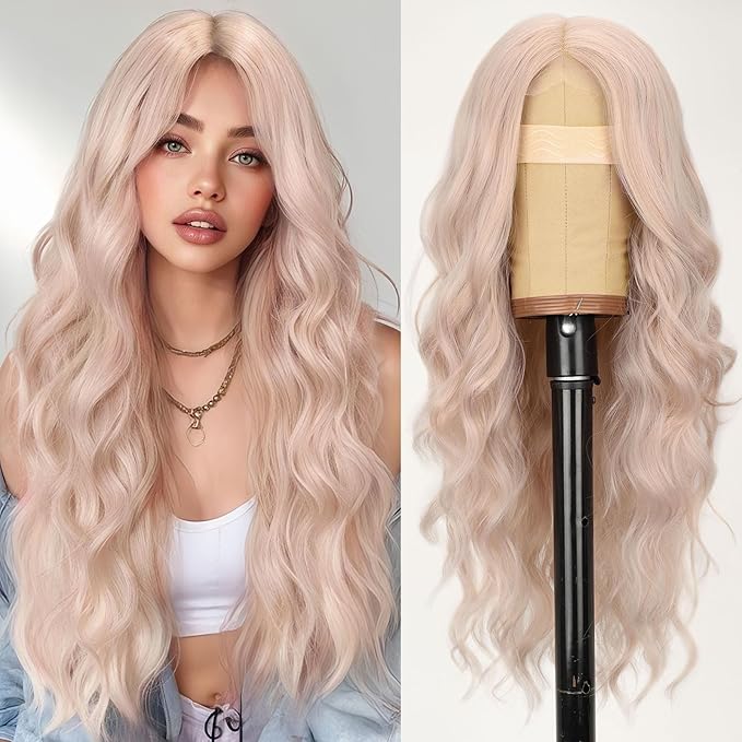 AISI HAIR Light Pink Wig for Women, Long Wavy Lace Hairline Middle Part Synthetic Heat Resistant Wig for Daily Party-26 Inch