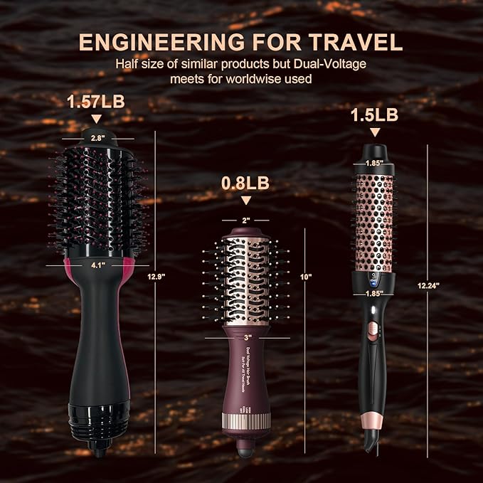 Travel Dual Voltage Hair Dryer Brush 4-in-1 Portable Mini Hot Air Blow Dryer Straightener & Curler Brush, Automático Doble Voltaje Cepillo Secador De Cabello 110~240V US/EU/UK -Blackcurrant Rose Gold