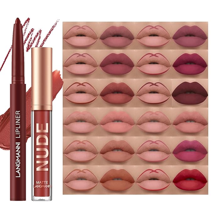Jolilab 8Pcs Matte Lip Liner + Liquid Lipstick Set, One Step Velvety Nude Lip Stain Waterproof Long Wear High Pigment Lip Makeup Gift Set(#05+06+07+08)