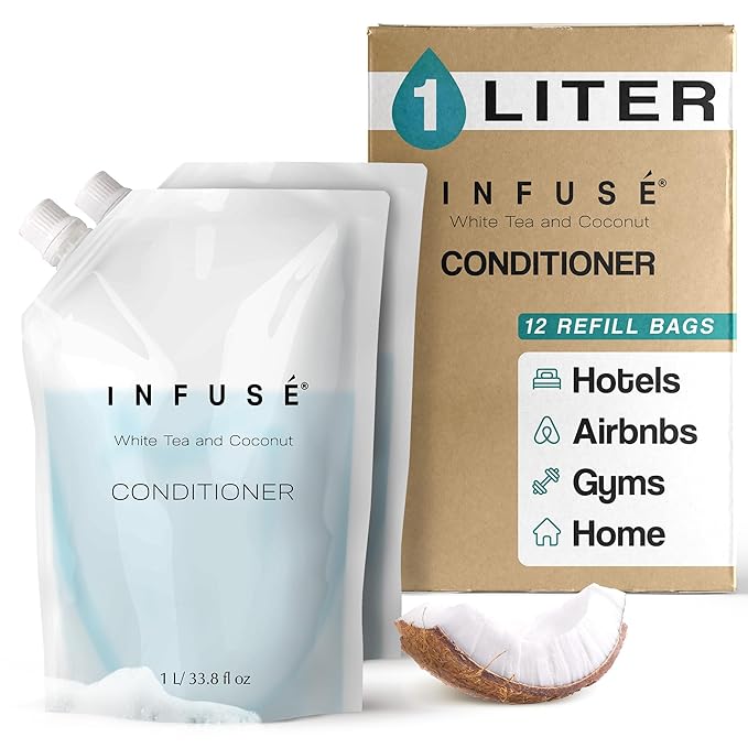 INFUSÉ 1 Liter Conditioner Refill Bag For Soap Dispensers | Bulk Toiletries for Vacation Rentals, and Home Bathroom Showers | White Tea and Coconut | Set of 12