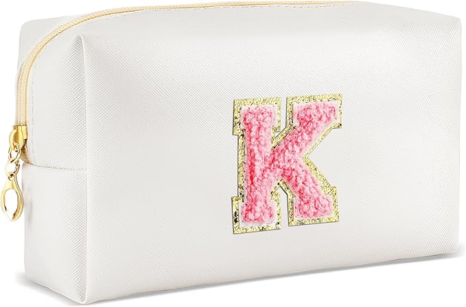 URSKYTOUS Initial Makeup Bag Personalized Preppy Travel Small Cosmetic Bag Cute PU White Chenille Letter Makeup Pouch for Purse Waterproof Zippered Toiletry Organizer for Women Girls Kids Friends (K)