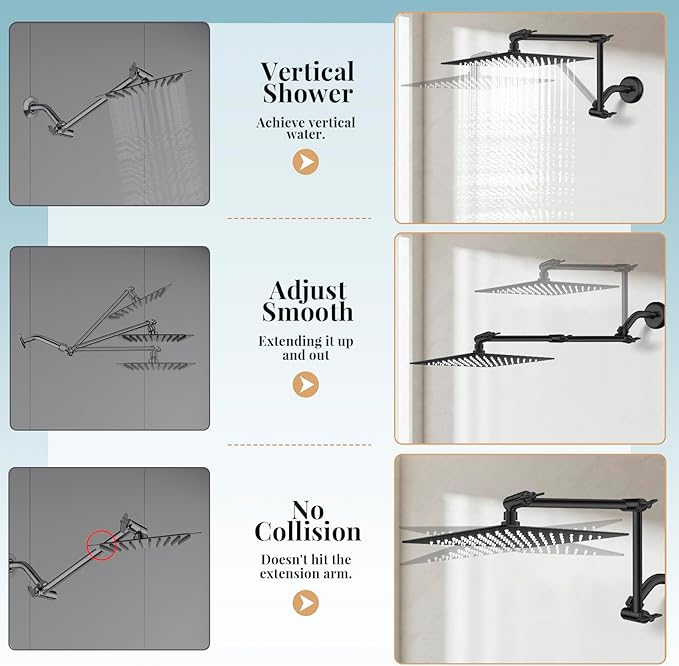 12'' Rain Shower Head with Handheld Spray, Black Shower Head High Pressure with 16'' Flexible Adjustment of Height/Angle Upgraded Extension Arm and 5 Setting Handheld Shower Head with Hose, Anti-leak