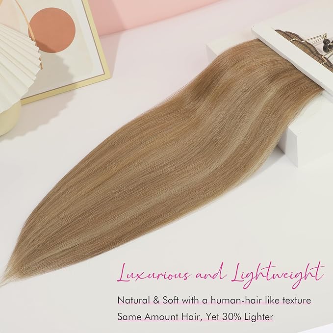 REECHO Hair Extensions, 11PCS Clip in Hair Extensions 24" Long Straight hair extensions HE005 Natural Soft Synthetic Hairpieces for Women Light Brown with Blonde Highlights