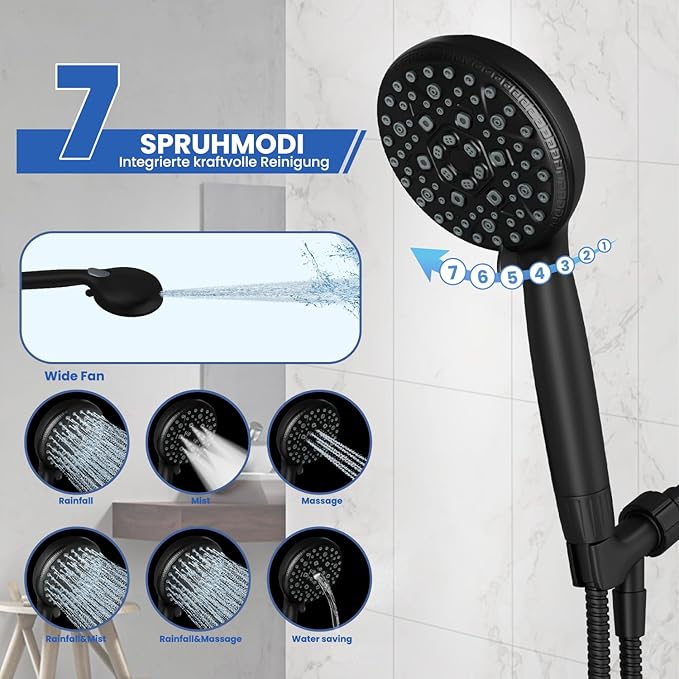 Shower Head with Handheld, Shower Heads High Pressure, Shower Head with Filter-Hand Held Showerhead Set,7 Modes Filtered Showerhead with 59″Replacement Hose/Bracket/Filters (black)