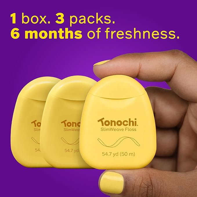 Tonochi SlimWeave Flat Dental Floss for Tight Teeth & Tight Spaces – Extra Thin, Smooth-Glide, Gentle on Gums, Mint + Xylitol, 3-Pack (50 m Each)