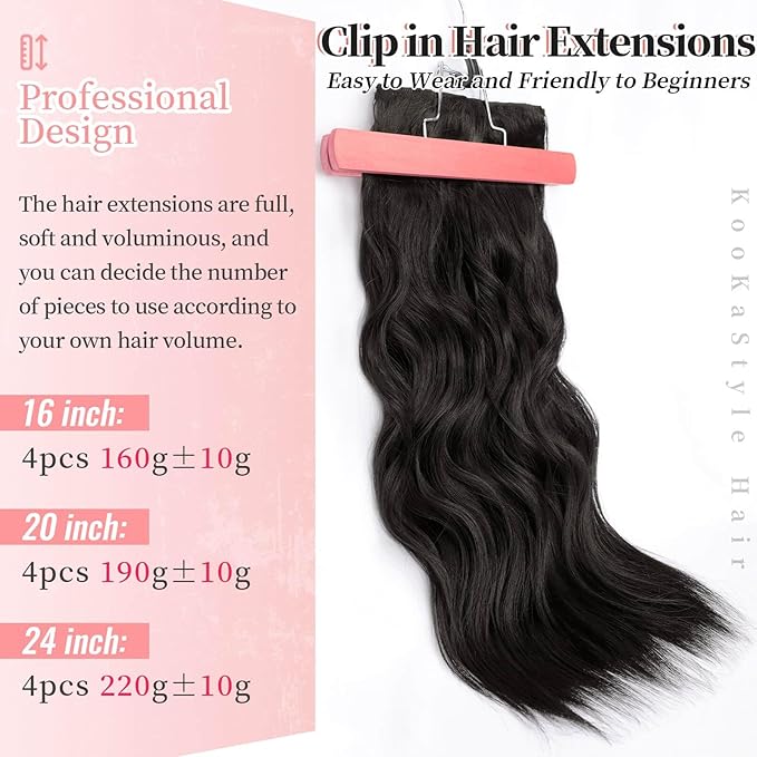 KooKaStyle Clip in Long Wavy Synthetic Hair Extension 20 Inch 4PCS Dark Brown Hairpieces Fiber Thick Double Weft Hair Extension for Women