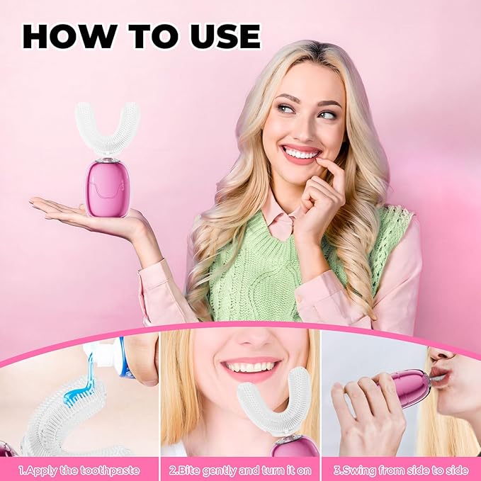 U Shaped Electric Toothbrush for Adults, Rechargeable Electric Toothbrush with 360° U Brush Nylon Bristles, 3 Brushing Modes, IPX7 Waterproof, Home & Travel Use