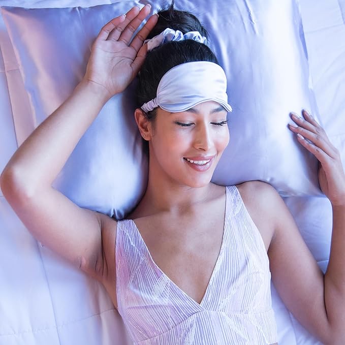 KISMETICS - Vegan Silk Sleep Set, Vegan Silk Pillowcase with Large Scrunchie and Eye Mask for Hair and Skin, Self Care Essential Satin Night Routine Kit (Purple Color)