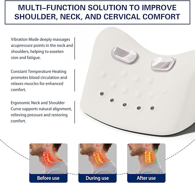 Neck Massager with Vibration Function, 3 Modes Neck and Shoulder Relaxer Pillow with Heat 26°Angle Cervical Traction Device, Massager with Heat for Pain Relief Deep Tissue