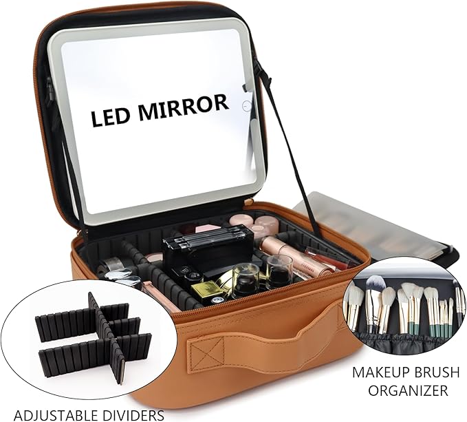 SLUMAZI Travel Makeup Bag with LED Mirror Travel Makeup Organizer with 3 Lighted Settings, Adjustable Dividers and Makeup Brush Storage Bag Orange-Brown
