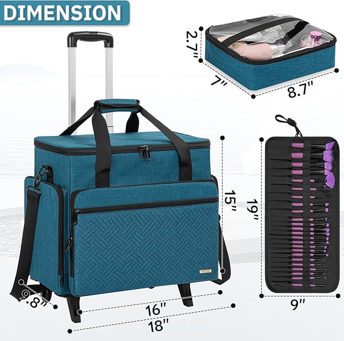 FREEAMG Extra Large Rolling Makeup Case with 4 Removable Pouches，Professional Make up Train Case with Wheels,Travel Cosmetic Bag for Hairstylists Nail Tech Makeup Artist with Detachable Trolley