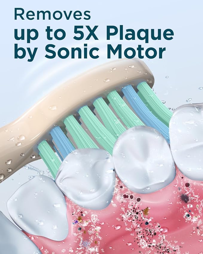 Rtauys M5 Sonic Electric Toothbrush for Adults - Rechargeable Electric Toothbrushes with 8 Brush Heads & Holder, Travel Case, Power Electric Toothbrush，120 Days Battery Life - Champagne