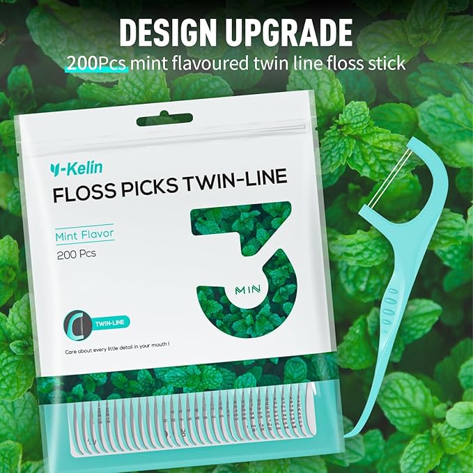 Twin Line Dental Floss Picks - Double Floss Picks, Double-Cleaning Teeth, Mint Flavor, 200 Count