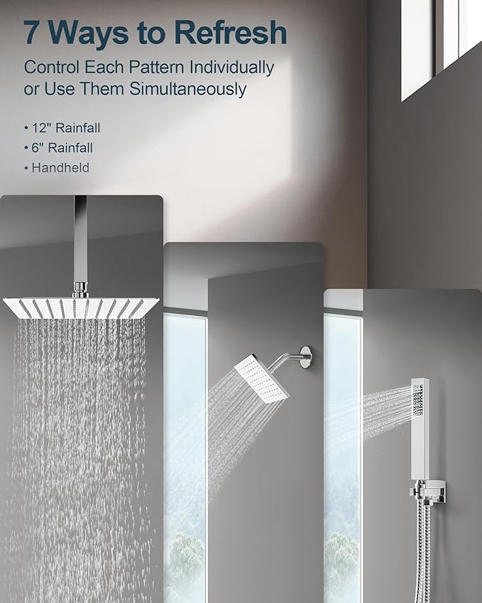 GRANDJOY Thermostatic Shower System, Dual Rainfall Shower Heads for Ceilling & Wall Mounted with Handheld Sprayer, Chrome