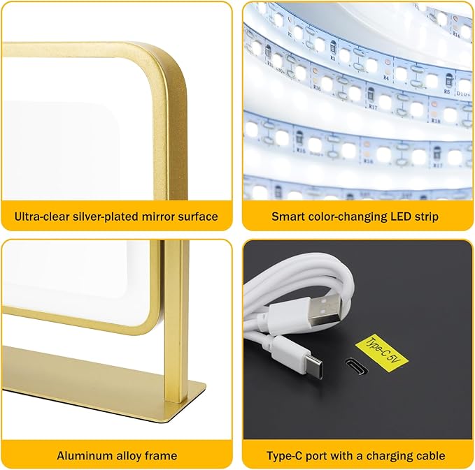Vanity Mirror with Lights, 14"×12" LED Makeup Mirror, HD Professional Mirror, Smart Touch with 3-Color Lighting, Dimmable, 360° Rotation, Lighted Up for Makeup Desk, Bedroom (Gold)
