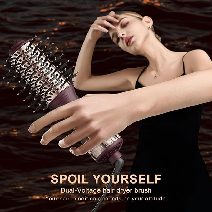 Travel Dual Voltage Hair Dryer Brush 4-in-1 Portable Mini Hot Air Blow Dryer Straightener & Curler Brush, Automático Doble Voltaje Cepillo Secador De Cabello 110~240V US/EU/UK -Blackcurrant Rose Gold
