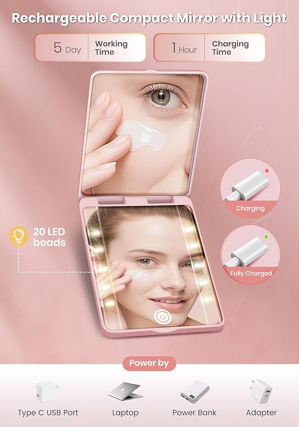 Compact Mirror, Rechargeable 30X Magnifying Mirror with 3 Lighting Modes & Dimmable Brightness, Portable Travel Makeup Mirror with Light, Essentials for Travel, Pocket, Purse, Gifts for Girls Pink