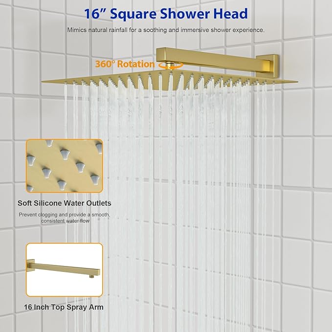 Dcolora 16 In. Rainfall Shower System with Handheld, Gold Shower Faucet Set for Bathroom, Brass Valve, 304 Stainless Steel, Anti-Scald cUPC Certified (Brushed Gold, 16 Inch)