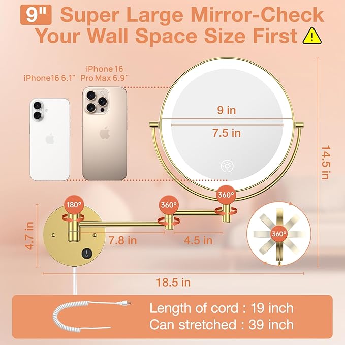 Benbilry 9" Large Wall Mounted Lighted Makeup Mirror, 1X/10X Magnifying 2-Sided AC Plug-in Powered Bathroom Mirror with 3 Color Lights, Touch Dimmable, Extended Arm 360° Rotation, 【Gold】