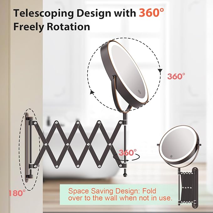 Rechargeable Wall Mounted Makeup Mirror - 8 Inch Double Sided 30X/5X Magnifying Mirror with 3 Color Lights Dimmable Touch Screen, 360°Swivel 19.6 Inch Extendable Accordion Bathroom Mirror