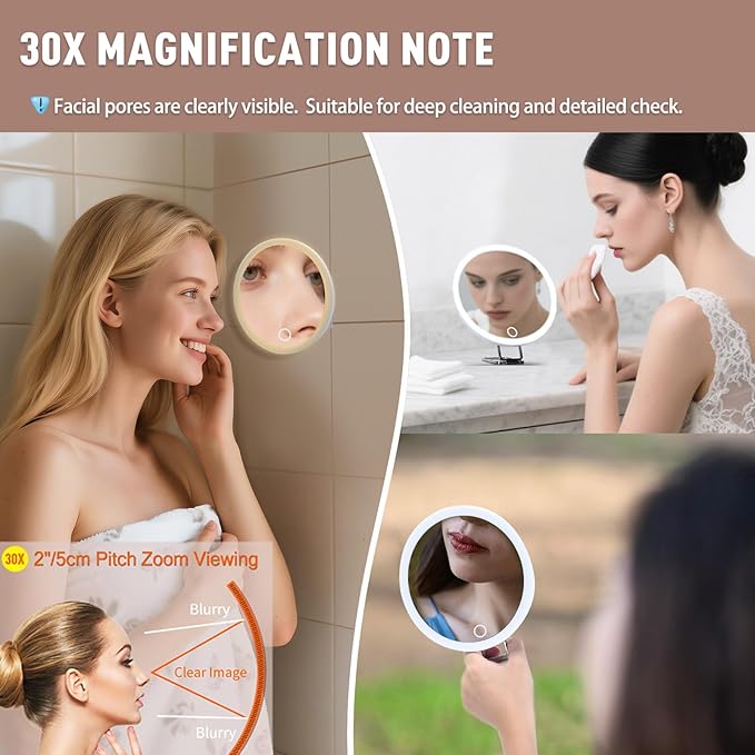 6" 30X Magnifying Mirror with Light Suction Cup,Led Close up Mirror for Checking Pores with 360° Stand,3 Color Lighted Personal Mirror 30X,30 Times High Magnification Concave Mirrors