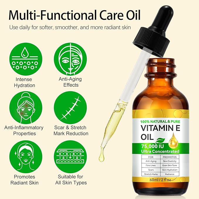 Vitamin E Oil for Skin,75,000IU New Ultra Pure Vitamin E Oil,100% Pure & Natural,Premium Grade,Cold-Pressed,for Scars Hair,Face,Nail,Scalp Perfect Bath and Body Oil