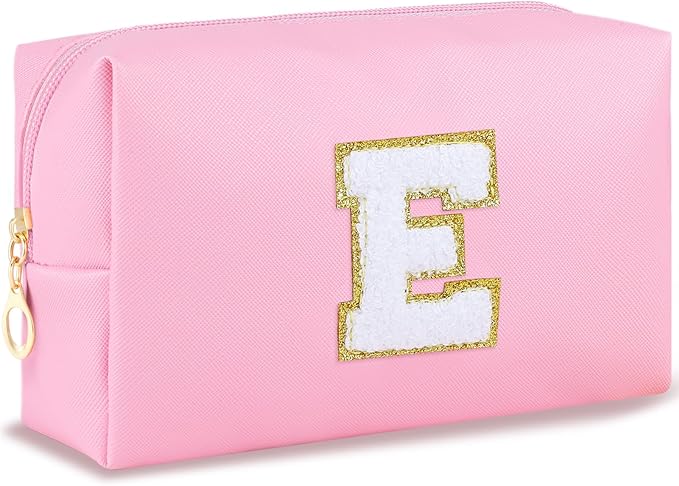 URSKYTOUS Initial Makeup Bag for Women Travel Small Cosmetic Bag Cute Pink Personalized Preppy Makeup Pouch for Purse Zippered Toiletry Organizer PU Leather Makeup Bag Makeup Case for Christmas（E）