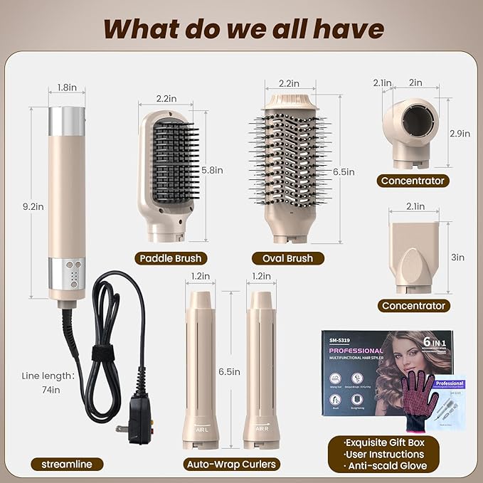 6-in-1 Ionic High-Speed Hair Styler - 110,000 RPM Professional Multi-Styler System with 2 Auto-Curling Barrels - Fast Drying & Volumizing Technology for All Hair Types