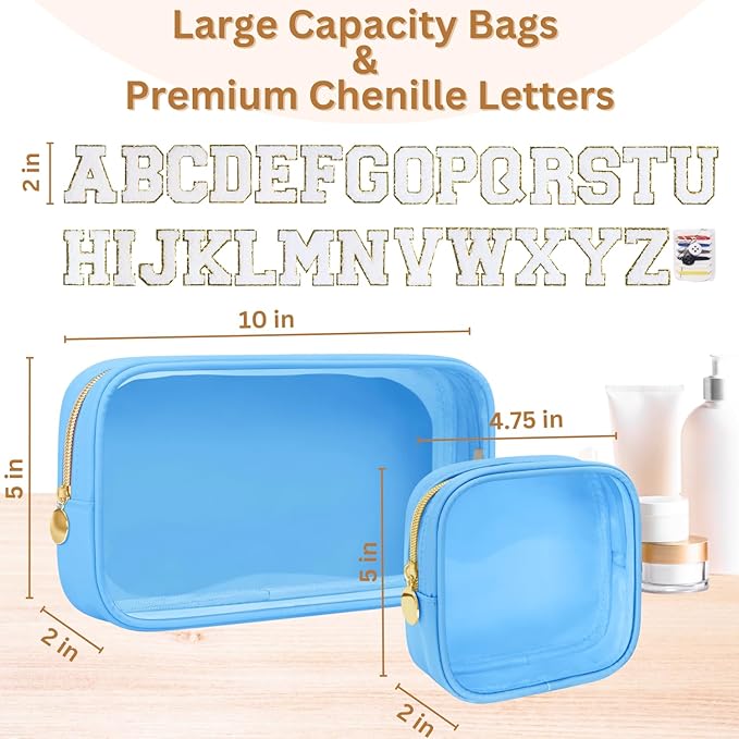 GODEAGLE 2PCS Personalized Preppy Makeup Bag Set, Small Makeup Pouch & Large Cosmetic Bag, Premium 26 Chenille Letters, Cute Skincare Bag, Birthday Gifts for Girls Woman (Blue)
