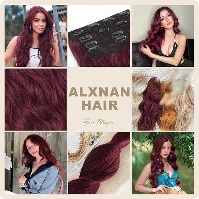ALXNAN Clip in Long Wavy Synthetic Hair Extension 20 Inch Burgundy 4PCS Thick Hairpieces Fiber Double Weft Hair for Women