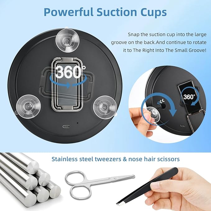 6" 10x Magnifying Mirror with Light Suction Cup,Led Close up Makeup Mirror with 360° Stand,3 Color Lighted Personal Mirror 10x,10 Times Functional Zoom Mirrors for Partial Details