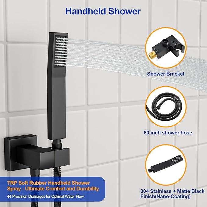 Dcolora Rainfall Shower System with Handheld, Matte Black Shower Faucet Set for Bathroom, Brass Valve, 304 Stainless Steel, Anti-Scald cUPC Certified(Matte Black, 12 Inch)