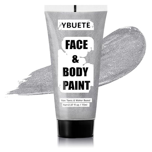 Silver Water Based Face Body Paint, 2.37 OZ Large Tube Full Coverage Face Paint for Skull Goth Cosplay, Washable Metallic Silver Body Painting Cream for Adult Carnival Halloween SFX Makeup