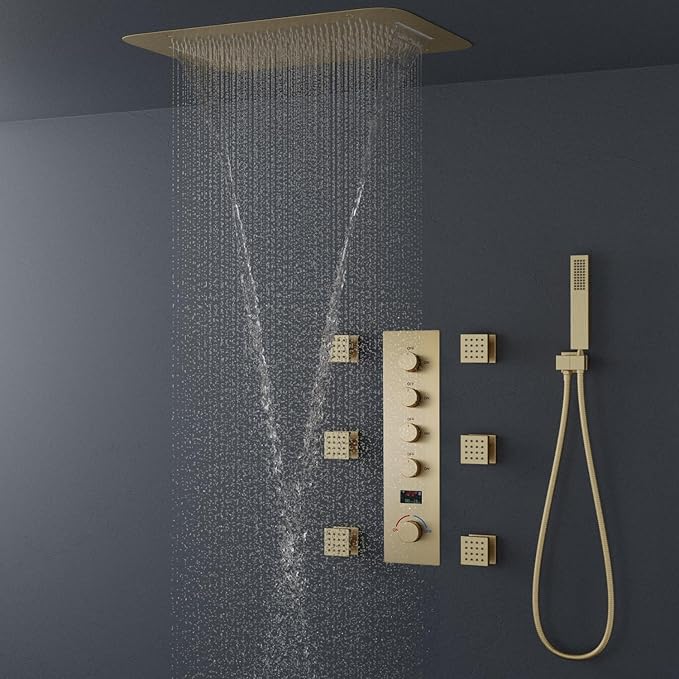 AYIVG Brushed Gold Thermostatic Rainfall Full Body Shower System With 2 In 1 Waterfall Rainfall Ceiling Mount 16 X 24 Inch Rain Shower Head 6 Jets Temperature Display Shower Faucet Set