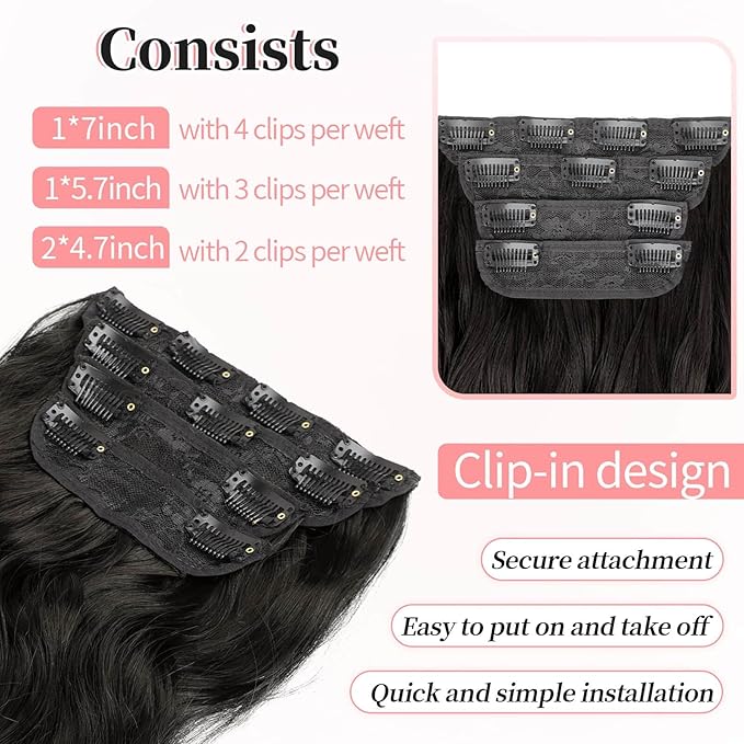 KooKaStyle Clip in Long Wavy Synthetic Hair Extension 20 Inch 4PCS Dark Brown Hairpieces Fiber Thick Double Weft Hair Extension for Women