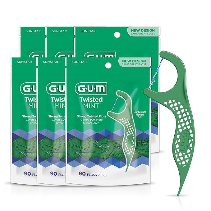 GUM Twisted Mint Floss Picks - Twisted Threads, Shred-Resistant Floss, Easy Grip Handle, 90 Count(Pack of 6)