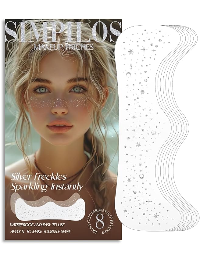 Face Glitter, Body Face Makeup Patches for Women Girls, Silver Rave Glitter Freckles for Face, Singer Concerts Festival Holiday Rave Accessories - 8 Counts
